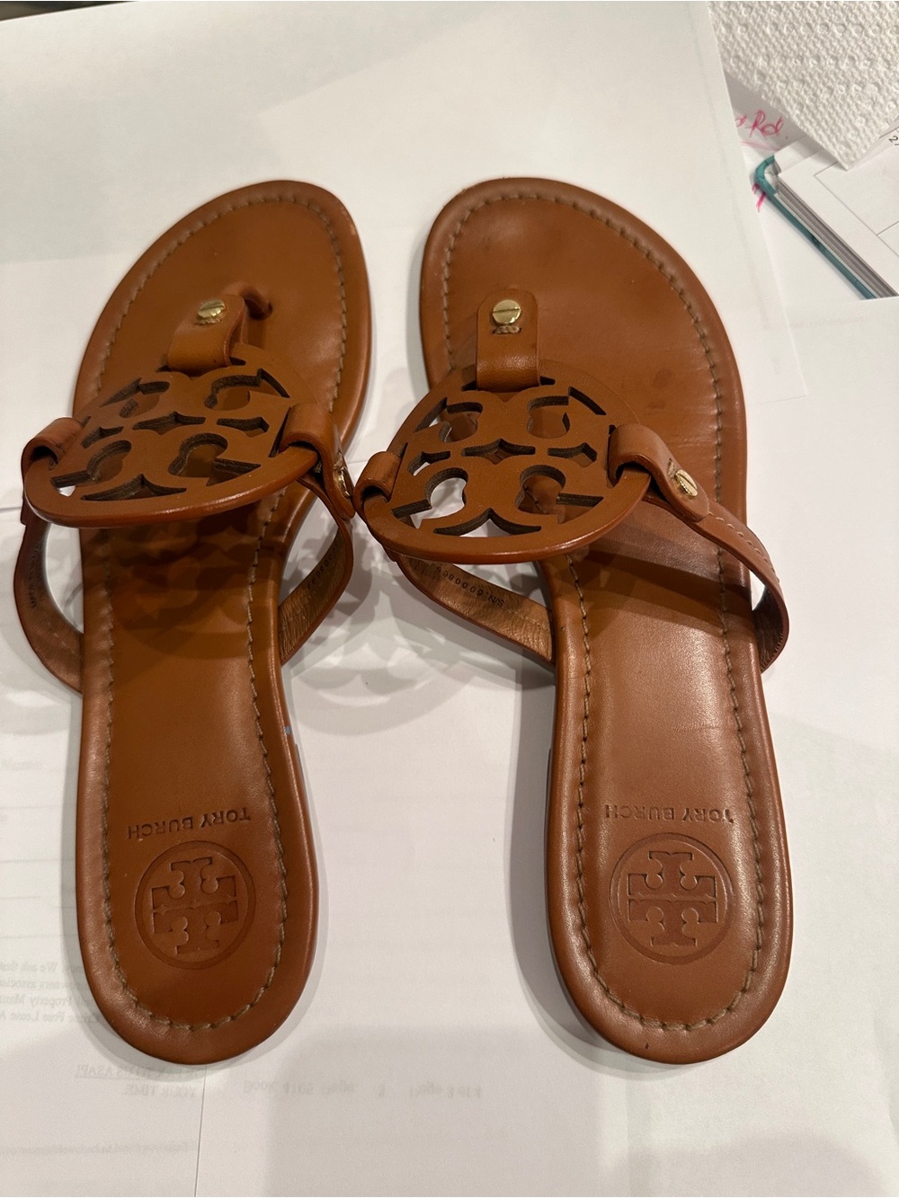 Tory Burch Tan Miller Leather Logo Thong Sandals
